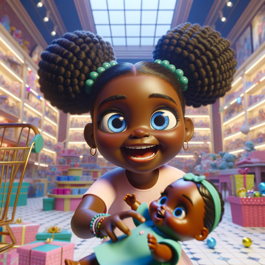 Create a 3-D image of an african-American, little girl inside of a very large toy store. The little girl has thick, ponytails and huge blue eyes. She is playing with her favorite doll, the doll is