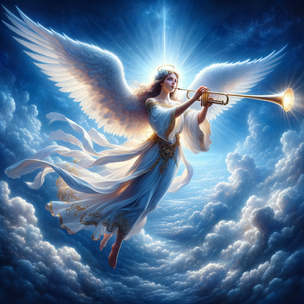 Create an image of an arc angel, blowing his trumpet coming in the clouds