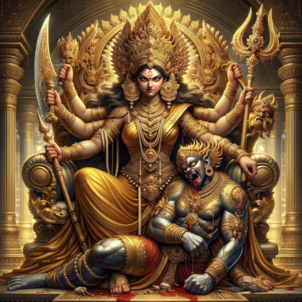 portrait of angry looking goddess durga sitting on a gold crown and carrying a weak mahishasur on her lap and stabbing him with her amazingly designed trident. She is wearing gold armor, a huge gold crown, gold saree, abundant  gold jewelry, covered in blood. The scene is set in ancient India. The image is 8K resolution, cinematic, ultra detailed face and epic.