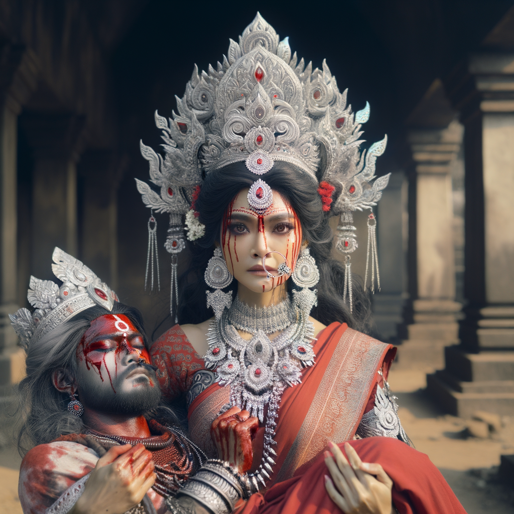 portrait of angry looking, gorgeous goddess durga cosplayer carrying a weak mahishasur in her two arms. She is wearing a huge silver crown, red saree, abundant silver jewelry, covered in blood. The scene is set in ancient India. The image is 8K resolution, cinematic, ultra detailed face and epic.