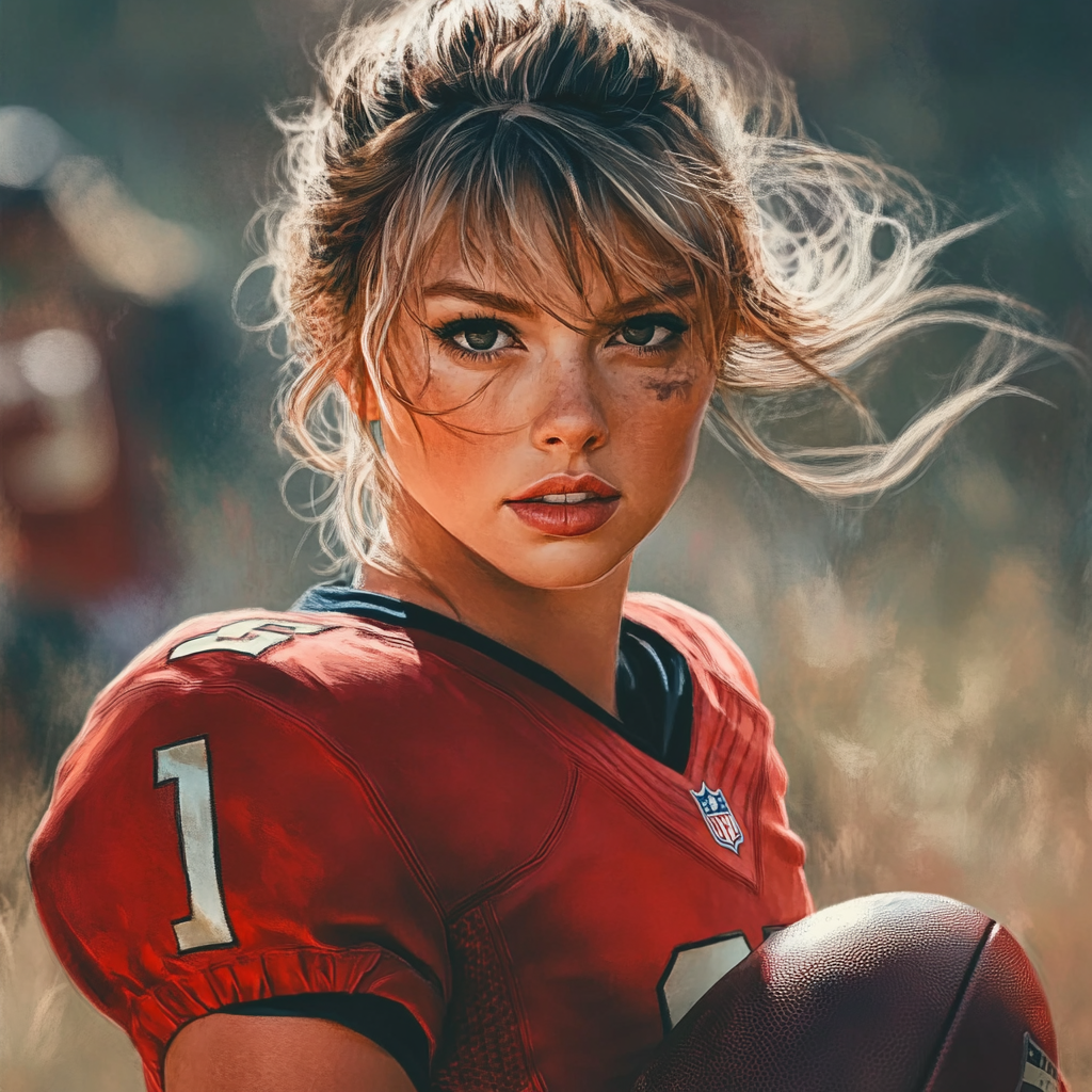 Taylor Swift  NFL player, picture in action, in GTA art style, even image with contours