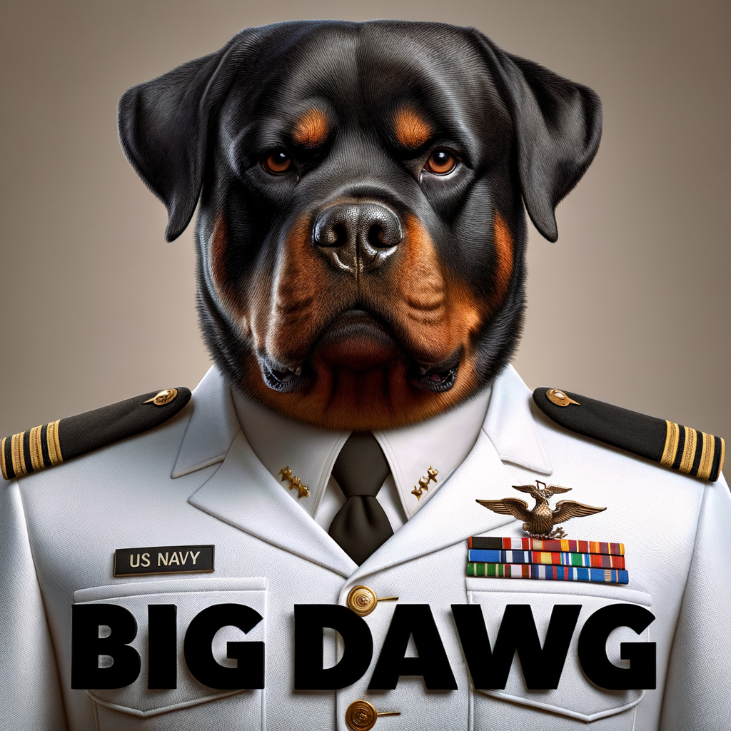 A mean Rottweiler, the Rottweiler is a US Navy officer in a white uniform, down below, spells the words BIG DAWG