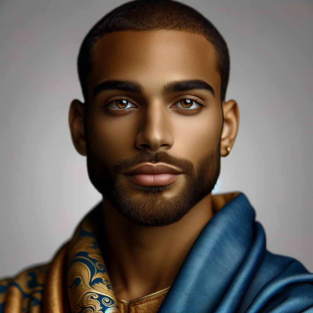 Create handsome African-American, Jesus, with Hazel Brown eyes wearing a blue and gold robe