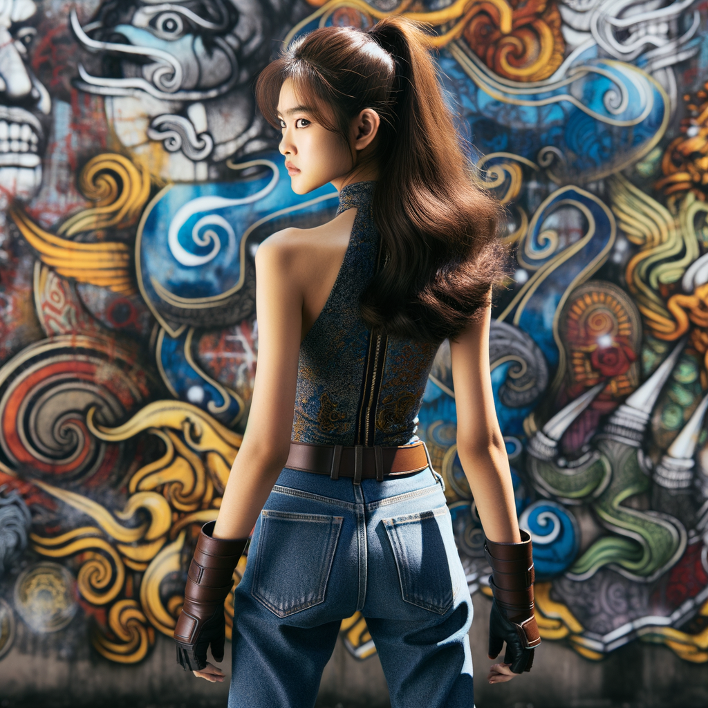 Attractive, Asian teenage girl, long brown hair and bangs, wearing tight skinny jeans and a halter top paint marks on her clothing, backside view heroic pose Asian graffiti