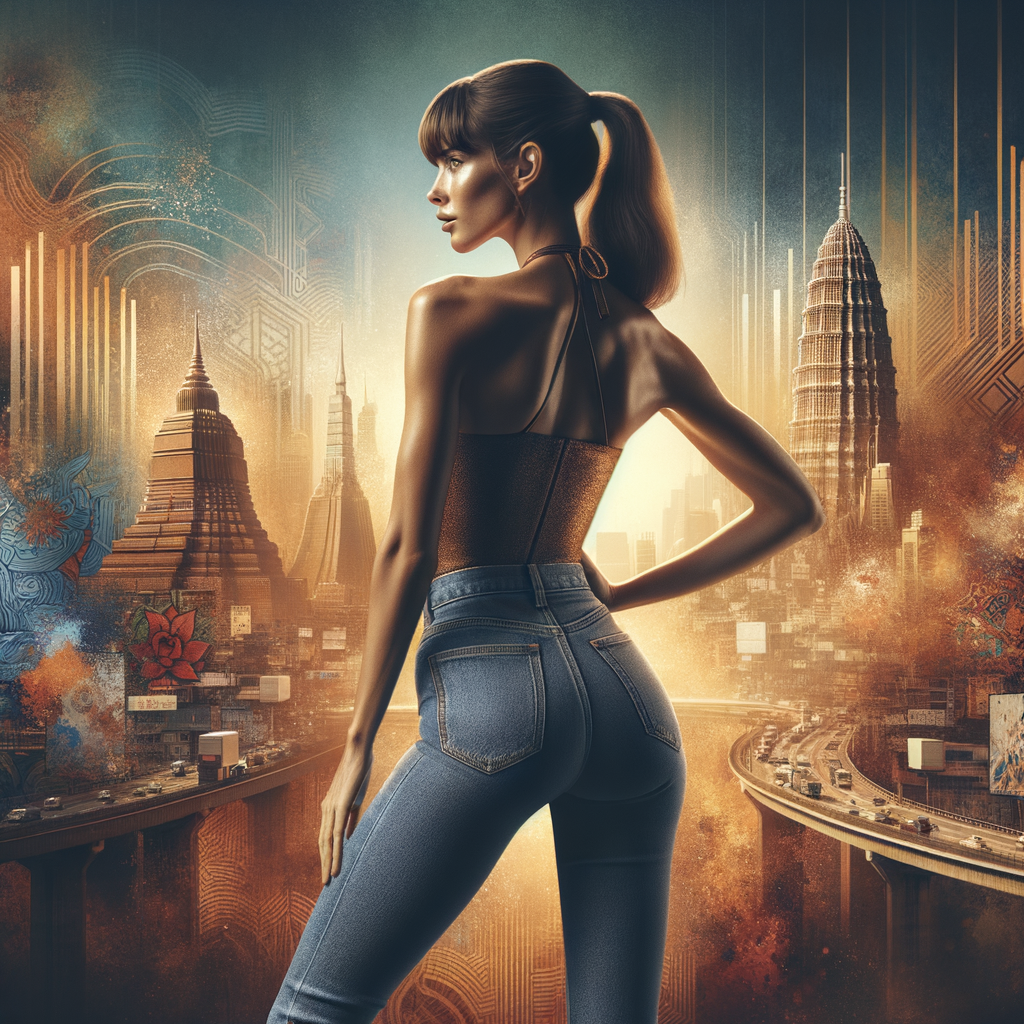 Athletic Thin skinny Attractive, Asian teenage girl, long brown hair and bangs, wearing tight skinny jeans and a halter top paint marks on her clothing, heroic pose Asian graffiti background, backside view