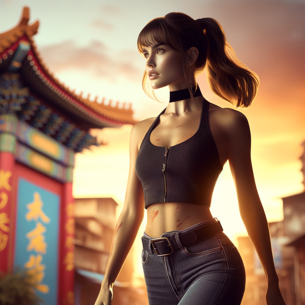 Athletic Thin skinny Attractive, Asian teenage girl, long brown hair and bangs, wearing tight skinny jeans and a halter top paint marks on her clothing, heroic pose Asian graffiti background, side view