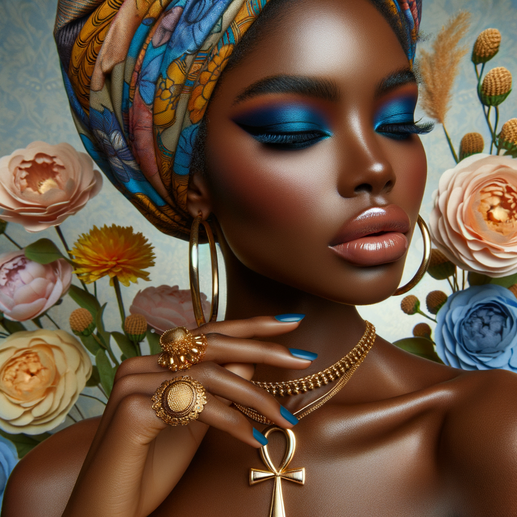 Create an image of an african-American, graceful woman , striking blue eyeshadow, and full lips. She wears large, golden hoop earrings and multiple necklaces, one with a prominent ankh pendant. Her hair is hidden beneath a vibrant, patterned head wrap in shades of blue, yellow, and orange. Her nails are painted dark blue, complementing her eyeshadow, and her fingers are adorned with a large, ornate gold ring. She poses elegantly against a background filled with soft pastel flowers, highlight her beauty