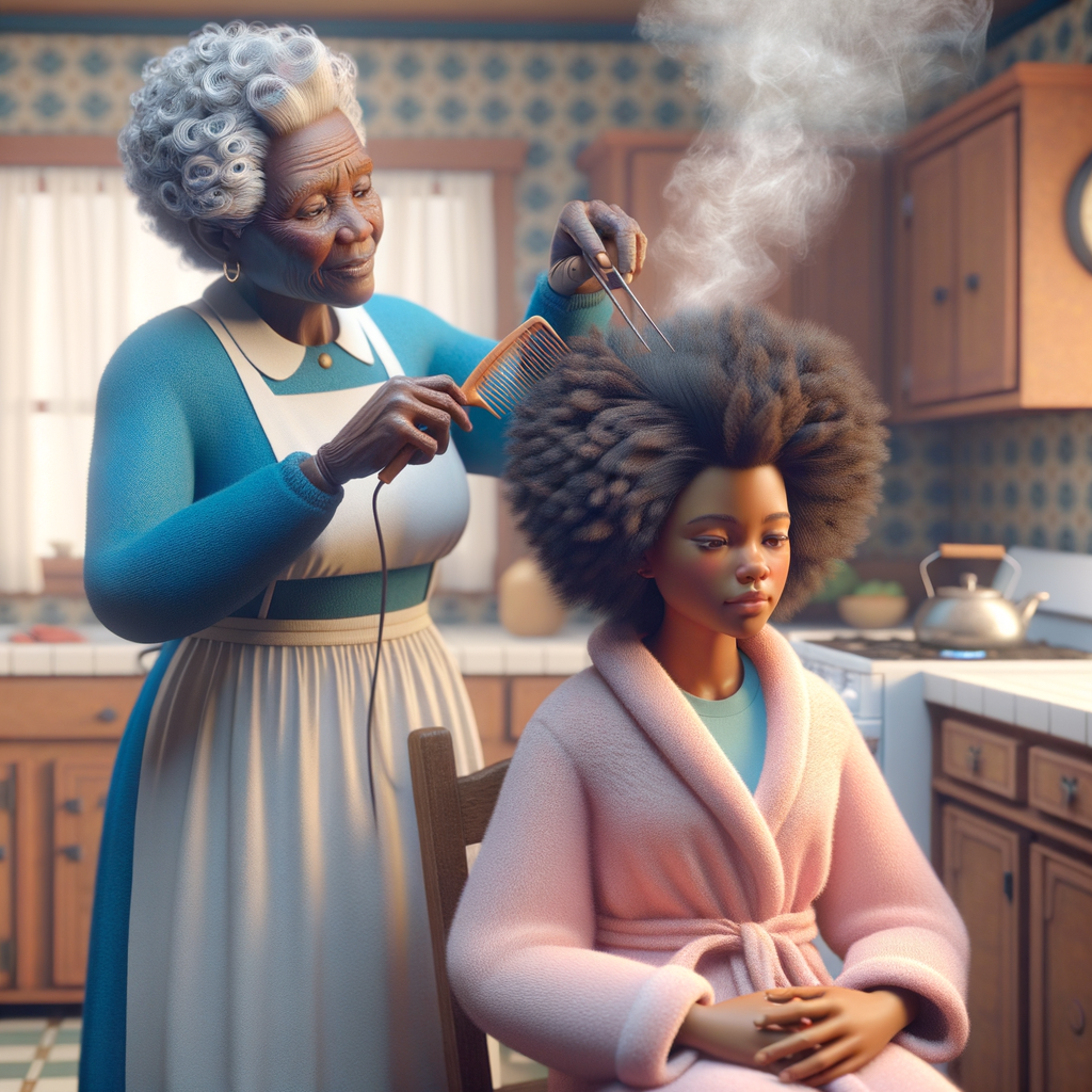 Create a realistic 3-D image of an african-American grandmother wearing a blue house dress and a white apron . She is in the kitchen with her african-American granddaughter. Her granddaughter is wearing a pink bath robe. The grandmother has a hot comb in her hand and she is straightening her granddaughters hair. One side of her granddaughters hair is in  a Afro the other straight 
There is smoke coming from the hot comb
The granddaughter is making a face