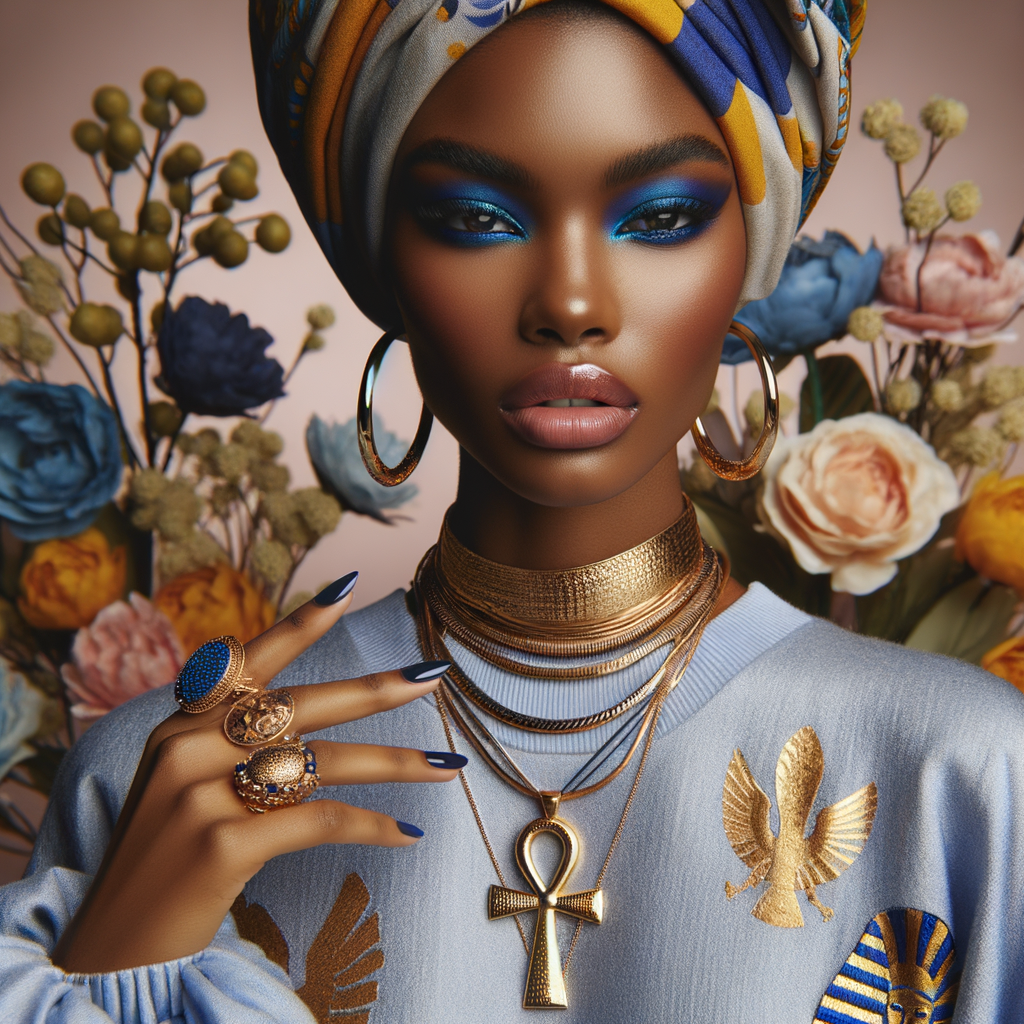 Create an image of an african-American, graceful woman , striking blue eyeshadow, and full lips. She wears large, golden hoop earrings and multiple necklaces, one with a prominent ankh pendant. Her hair is hidden beneath a vibrant, patterned head wrap in shades of blue, yellow, and orange. Her nails are painted dark blue, complementing her eyeshadow, and her fingers are adorned with a large, ornate gold ring. She poses elegantly against a background filled with soft pastel flowers, highlight her beauty