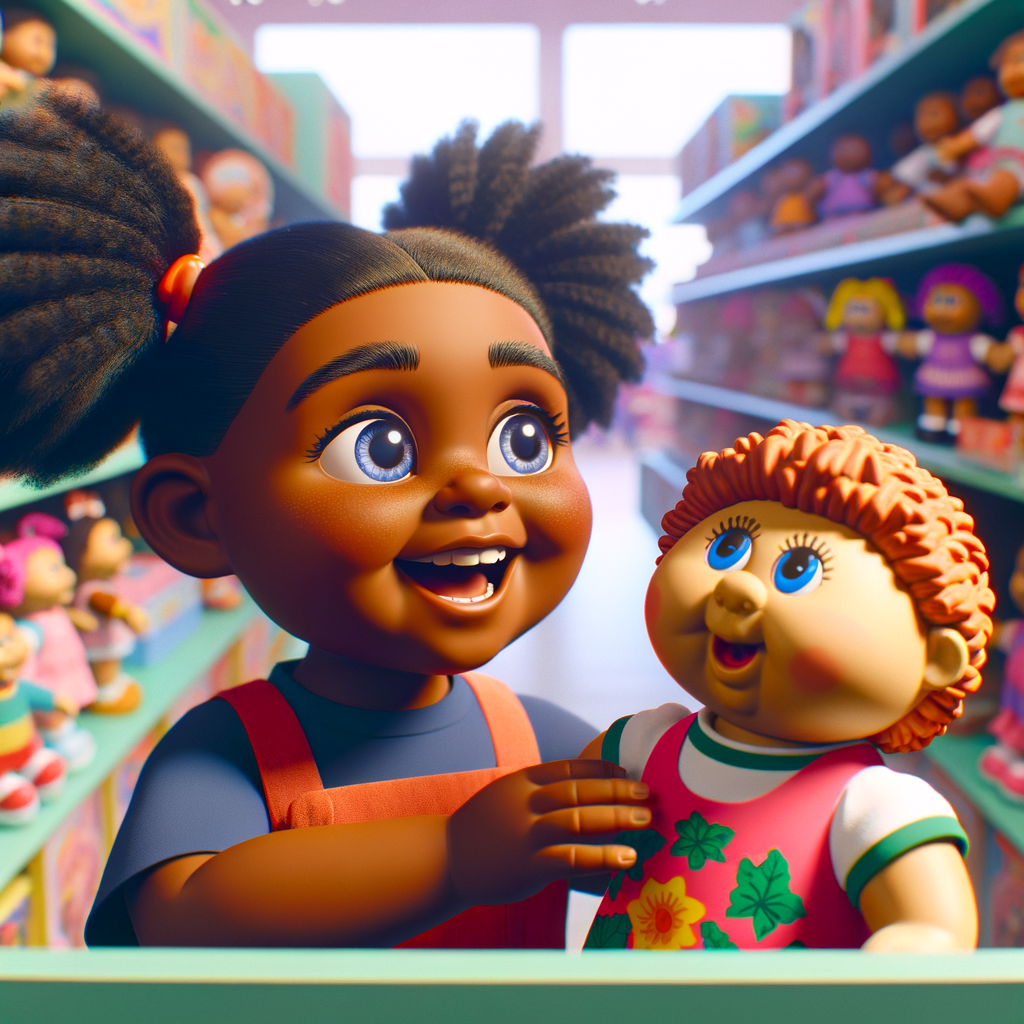 Create a 3-D image of a little girl inside of a very large toy store. The little girl has thick, ponytails and huge blue eyes. She is playing with her favorite doll, the doll is a African-American Cabbage Patch doll. That looks just like her.