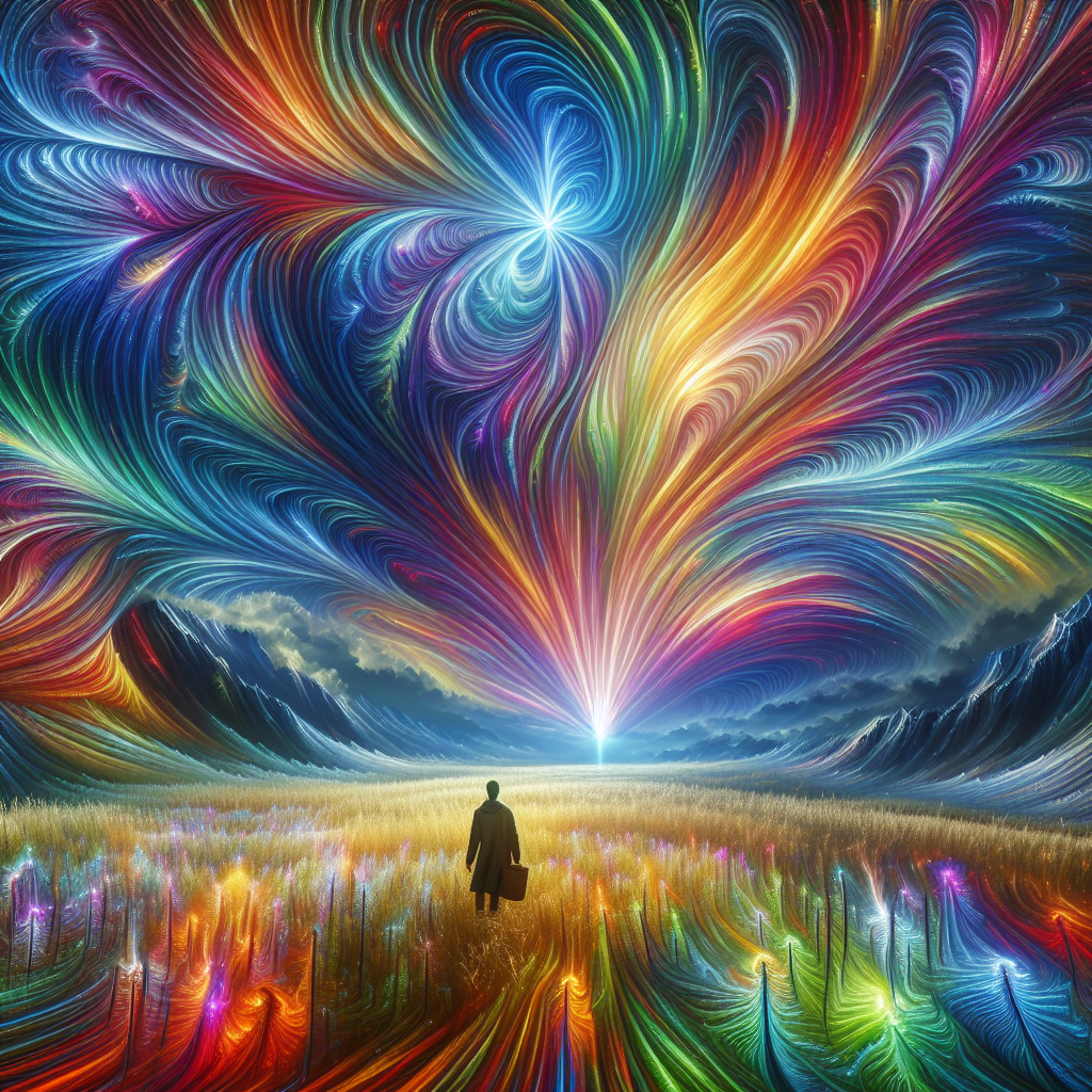 A lone figure standing in a field under a kaleidoscopic sky filled with swirling rainbow colors and radiant beams of light