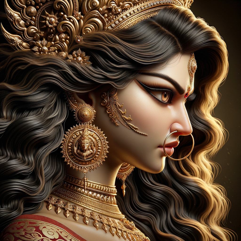 Side view portrait of extremely angry goddess durga. intricately detailed depiction of a goddess. gold jewelry all over body. sharp nose, light skin, beautiful brown eyes, wavy black hair, ultra detailed face. Wearing red saree, a lot of gold ear piercings, huge gold crown. uhd, hdr, 64k, epic, ultra detailed face, photography, 8k, UHD