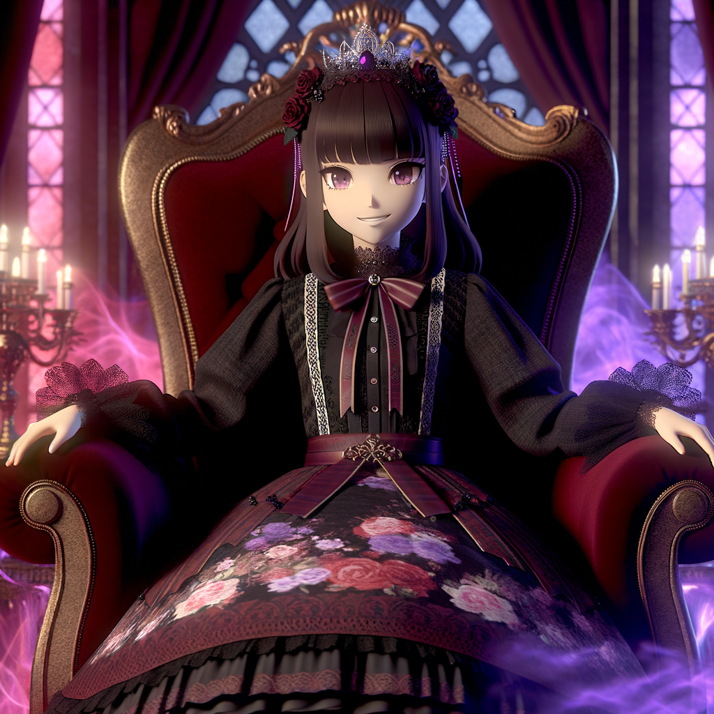 A girl named lilith wearing elegant gothic lolita dress  sitting on the thrones, red purple aura, smirk evil, 3D, humanlike