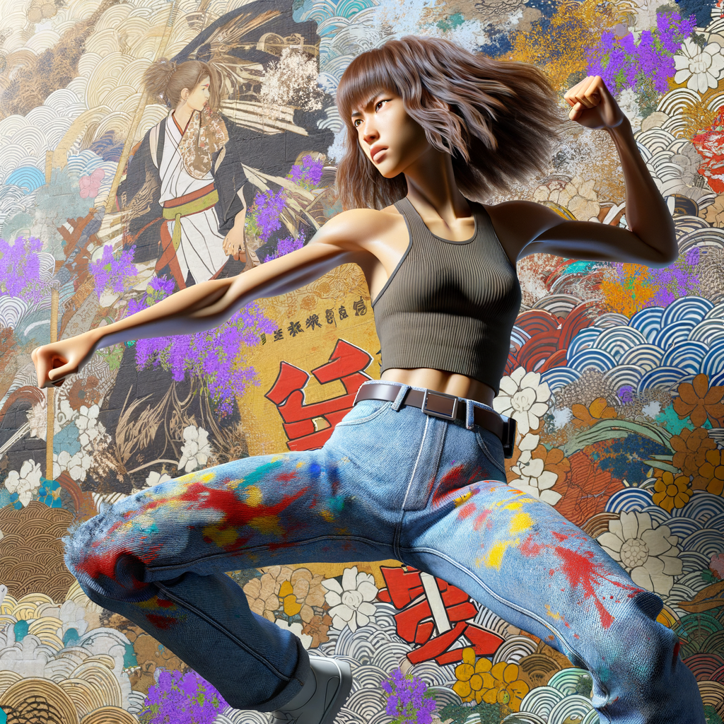 Athletic Thin skinny Attractive, Asian teenage girl, long brown hair and bangs, wearing tight skinny jeans and a halter top paint marks on her clothing, heroic pose Asian graffiti background, side view