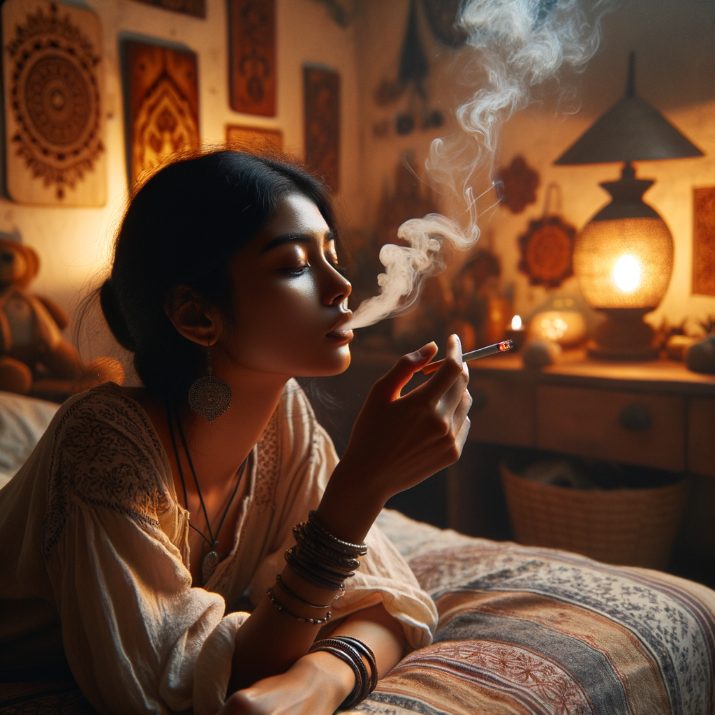 woman laying on her bed smoking a cigarette