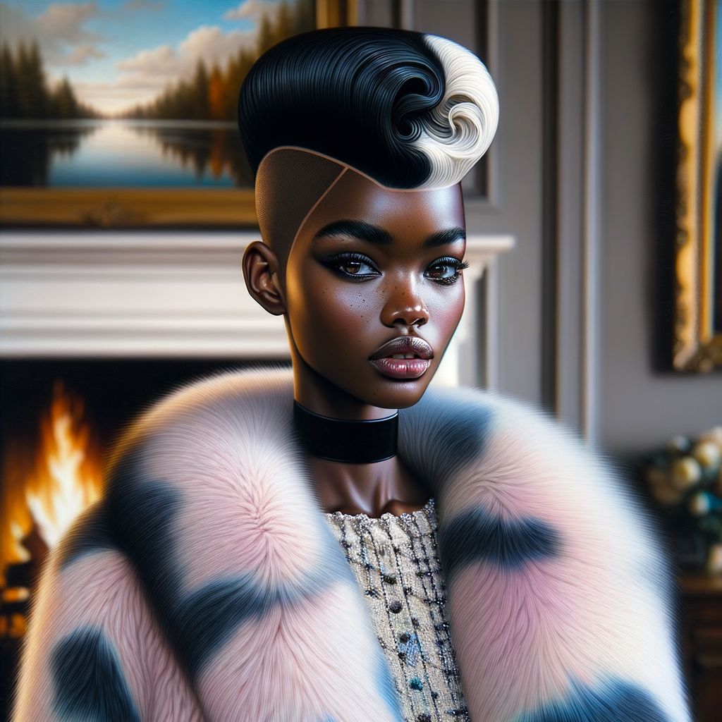 a full body veiw of a colorful gloss hyper realistic oil painting of a regal beautiful light skinned afro  American girlwith beautiful pixie cut one side of hair is black and the other side  of her hair white slick baby hair and furry white and pink and blue furry coat and outfit under the coat standing in living room with fireplace