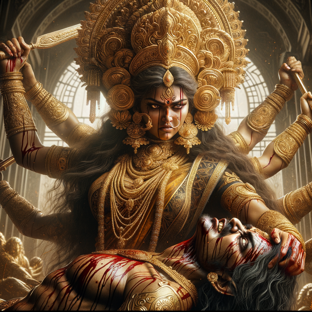 portrait of angry looking goddess durga pinning mahishasur to the ground. She is wearing gold armor, a huge gold crown, gold saree, abundant  gold jewelry, covered in blood. The scene is set in ancient India. The image is 8K resolution, photography, cinematic, ultra detailed face and epic