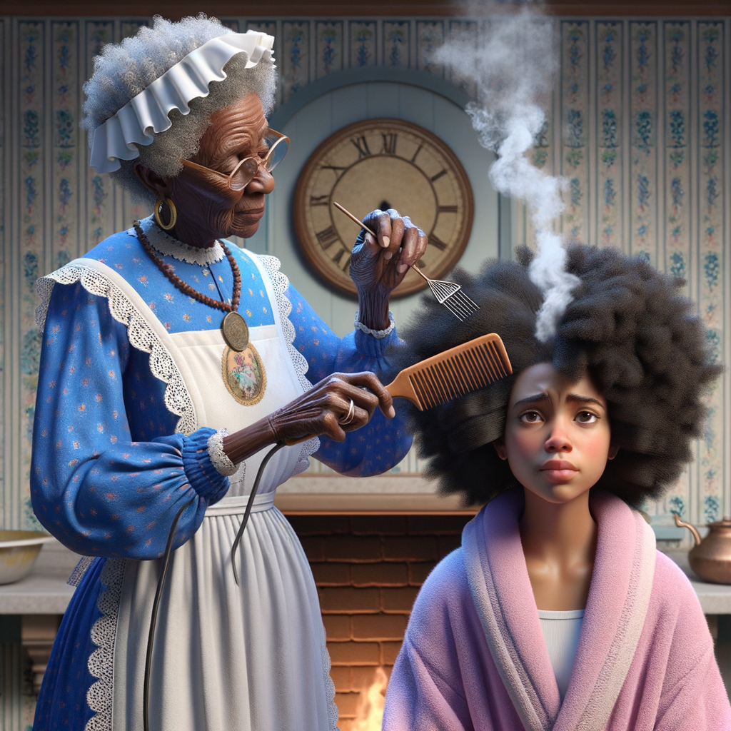 Create a realistic 3-D image of an african-American grandmother wearing a blue house dress and a white apron . She is in the kitchen with her african-American granddaughter. Her granddaughter is wearing a pink bath robe. The grandmother has a hot comb in her hand and she is straightening her granddaughters hair. One side of her granddaughters hair is in  a Afro the other straight 
There is smoke coming from the hot comb
The granddaughter is making a face