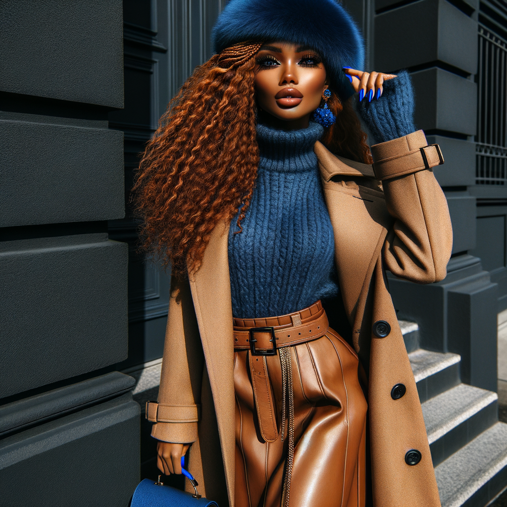 Street art, black wall African American curvy woman warm honey skin tone, full lips long volume lashes, Auburn micro braids butt length, brown siren eyes, blue nails,she’s wearing a tan leather skirt, royal blue turtleneck sweater, boots, long trench coat, fuzzy royal blue hat, blue bag, winter breeze, standing on the steps in a sophisticated pose, high definition contrast colors