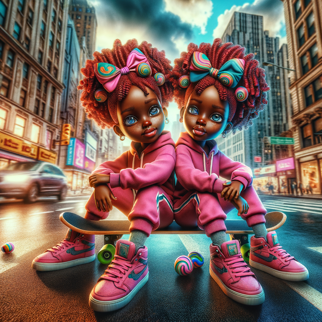 Two caricature character sisters ink wash art sitting on a skateboard city landscape . African American brown skin tone, they’re wearing pink nike track suits, Nike dunks pink, curly red hair with coils, colorful candy bows, vivid colors 4K hdr