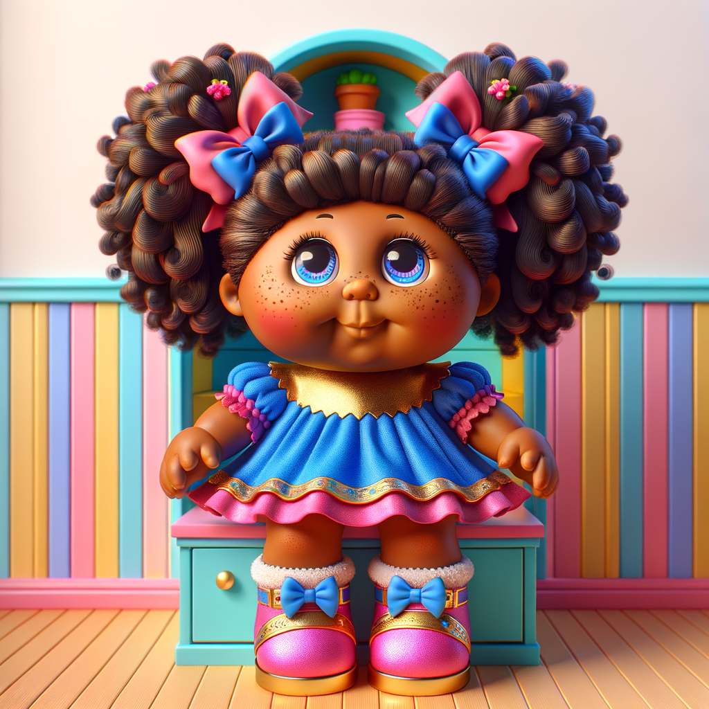 Design a 3-D realistic original African-American Cabbage Patch doll. She has on a blue pink and gold dress with matching booties. She has pink and blue bows in her hair. she lives inside of a colorful dollhouse. She has freckles and big dimples.