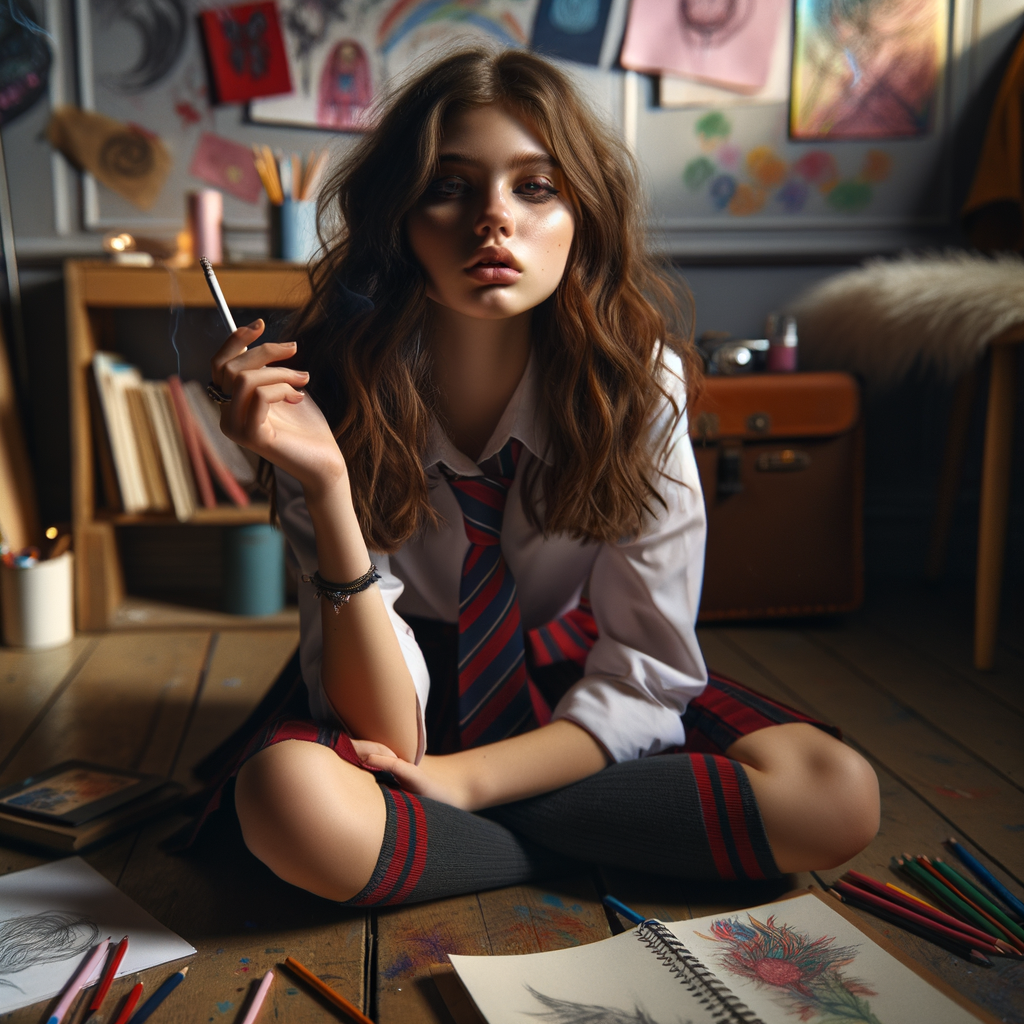 Schoolgirl smoking a cigarette in her room.