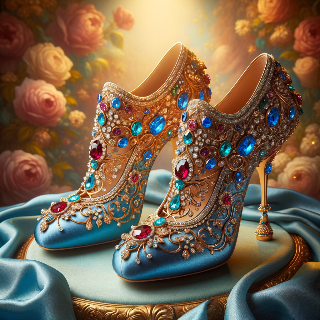 Imagine a pair of enchanting shoes, each a mirror image of the other, placed gracefully upon a regal surface. They are bathed in the soft, diffuse light that casts gentle reflections upon their silk fabric. These shoes are no ordinary footwear; they are a masterpiece of vibrant royal blue, adorned with ornate golden filigree and a multitude of glittering jewels in various hues—rubies, sapphires, emeralds, and delicate pink diamonds. Each shoe boasts an elegant, curved heel in a matching vivid blue, with tiny red and blue gems accenting the base. The shoes are positioned against a backdrop of soft-focus flowers, their pastel colors complementing the rich tones of the shoes, with hints of gold framing providing a touch of opulence. This image captures the essence of a fairy tale brought to life, a visual symphony of color and splendor.