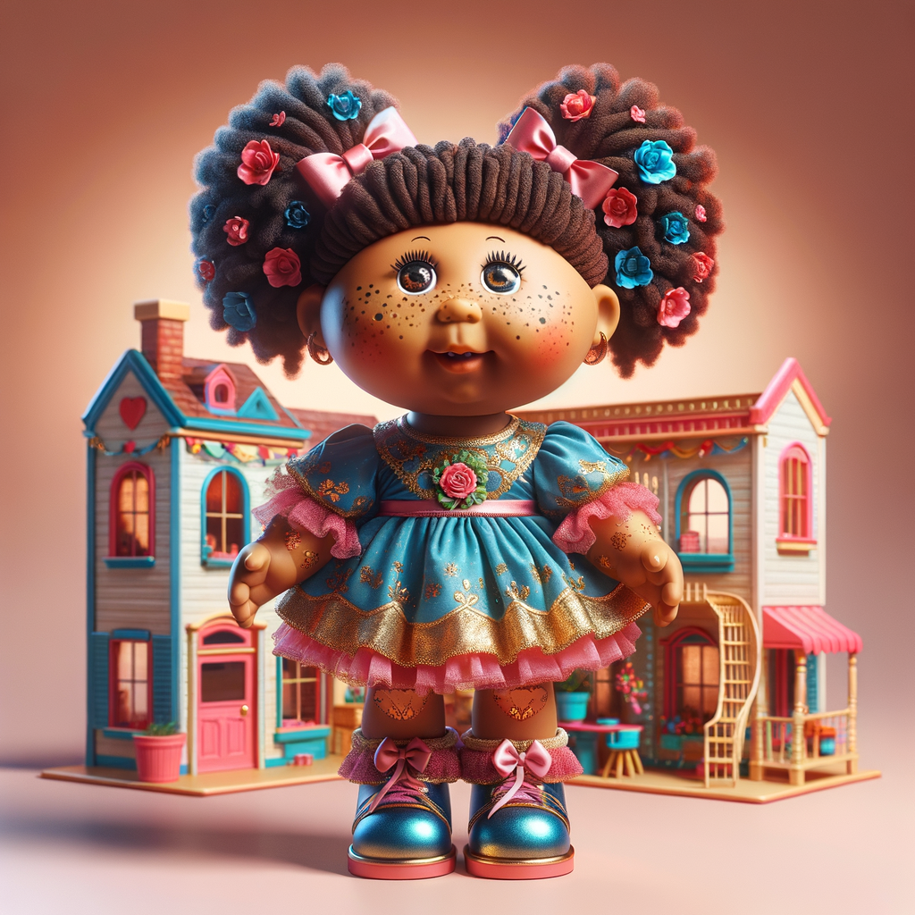 Design a 3-D realistic original African-American Cabbage Patch doll. She has on a blue pink and gold dress with matching booties. She has pink and blue bows in her hair. she lives inside of a colorful dollhouse. She has freckles and big dimples.