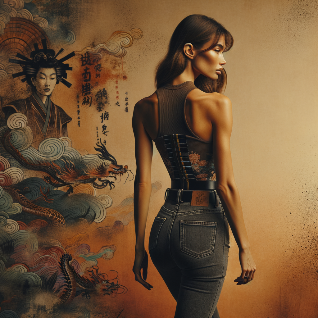 Athletic Thin skinny Attractive, Asian teenage girl, long brown hair and bangs, wearing tight skinny jeans and a halter top paint marks on her clothing, heroic pose Asian graffiti background, backside view