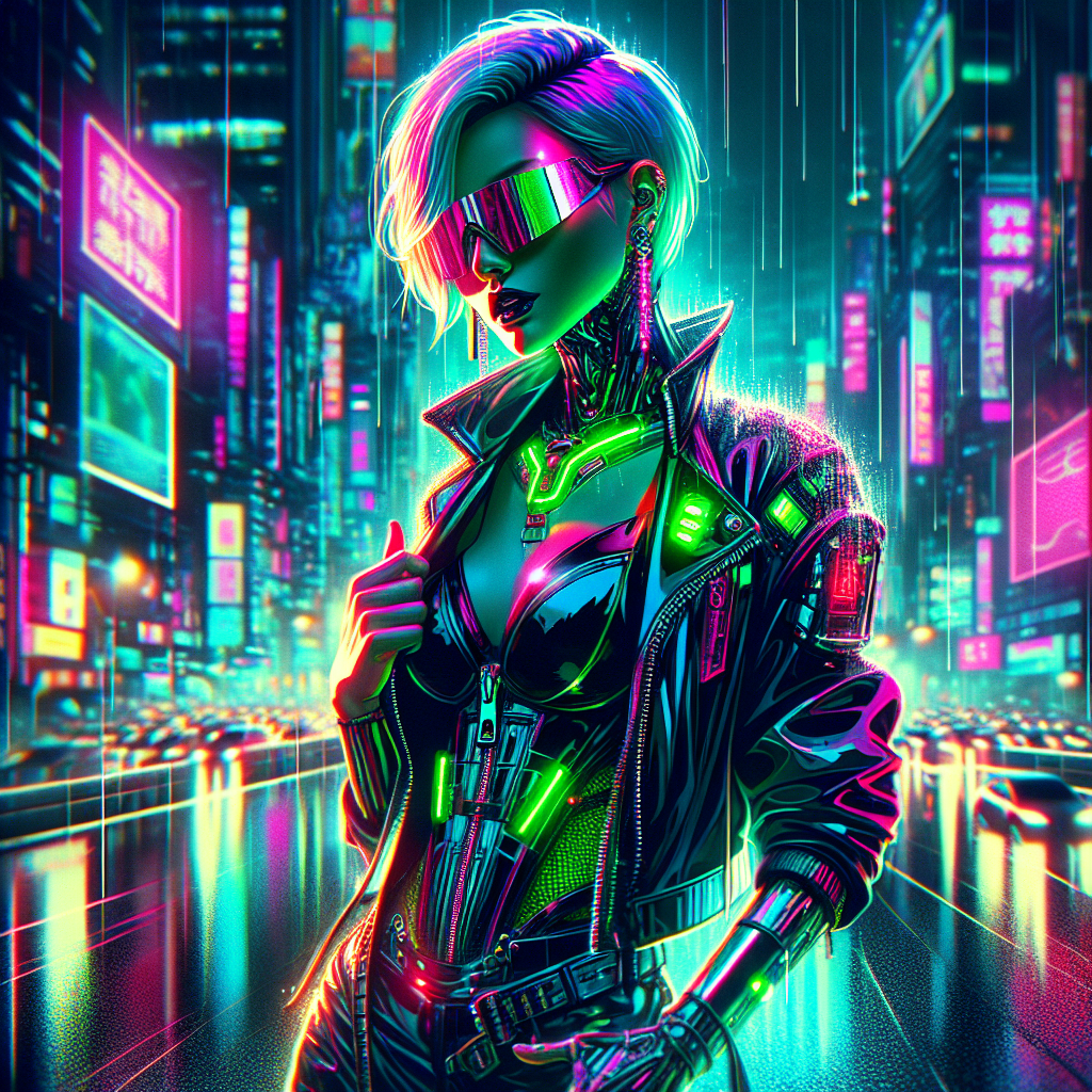 A striking woman with bold, neon-green hair cascading over one shoulder, her outfit a blend of cyberpunk leather and glowing circuitry. She stands confidently on a rain-slicked rooftop, with the city’s pulsing neon skyline stretching out behind her. Her reflective sunglasses catch the glimmer of a floating holographic billboard, and a subtle smirk hints at her rebellious attitude