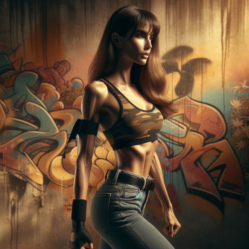 Athletic Thin skinny Attractive, Asian teenage girl, long brown hair and bangs, wearing tight skinny jeans and a halter top paint marks on her clothing, heroic pose Asian graffiti background, side view