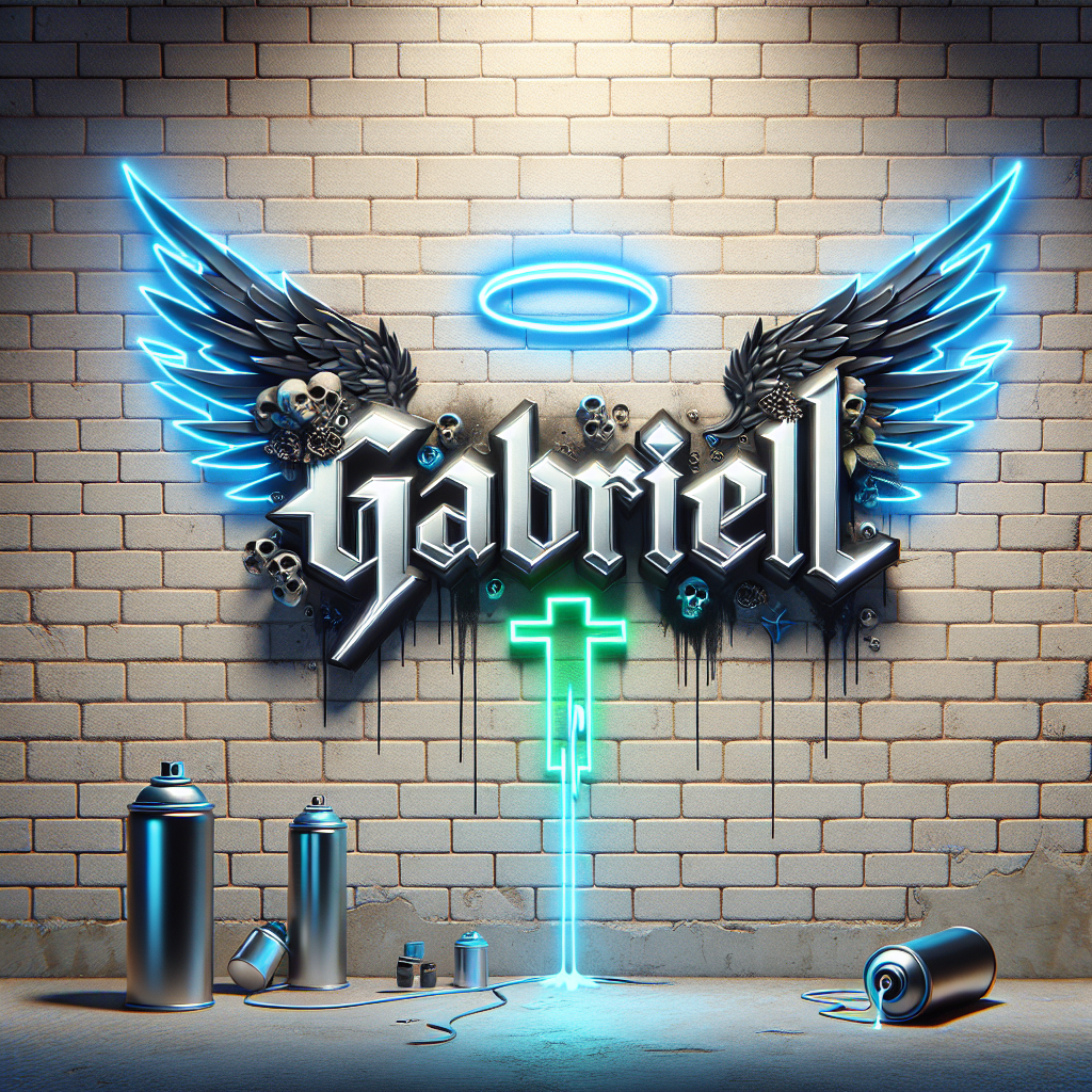 neon urban graffiti rock letters metallic blue and black of name " GABRIEL" with crosses glowing. the name "GABRIEL" also has angel wings & a Silver halo hovering it. in the bottom right corner a can of spray paint dripping with metallic blue liquid. background is vanilla center block wall.