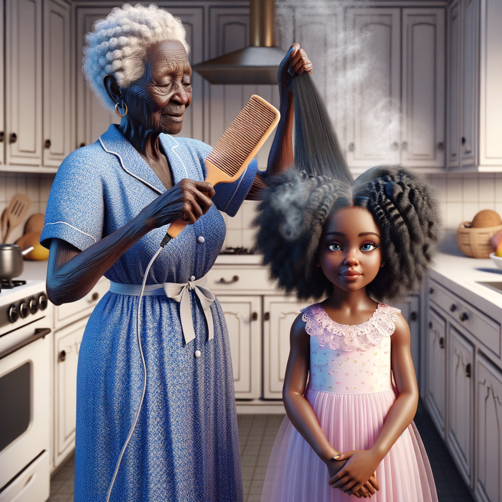 Create a realistic 3-D image of an african-American grandmother wearing a blue house dress. She is in the kitchen with her african-American granddaughter. Her granddaughter is wearing a pink dress The grandmother has a hot comb in her hand and she is straightening her granddaughters hair. One side of her granddaughters hair is in  a Afro the other straight 
There is smoke coming from the hot comb