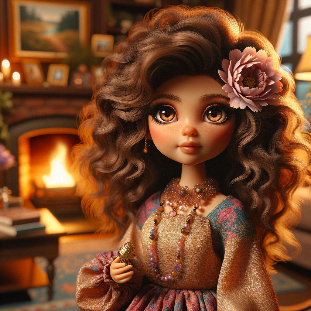 Create an image of a stylized, Latino doll-like girl seated in a cozy living room with a warm fireplace. She has voluminous, wavy hair cascading over her shoulders, tinted with shades of chestnut and mocha. Her large, expressive eyes are a deep brown, fringed with long, fluttery lashes. A delicate pink flower tucks behind one ear, complementing her youthful glow. She wears a gold, pink, and blue body on dress with soft, flowing fabric that drapes elegantly over her small frame. Around her neck is a dainty necklace adorned with beads and a gentle sprinkle of gemstones reflecting subtle light. In her hand, she holds a pearly seashell as a charming accessory. Behind her, the living room is inviting, with plush furnishings, a mantelpiece adorned with family photos and trinkets, and a crackling fireplace that casts a comforting glow and dancing shadows around the room, enhancing the ambiance of a serene home setting