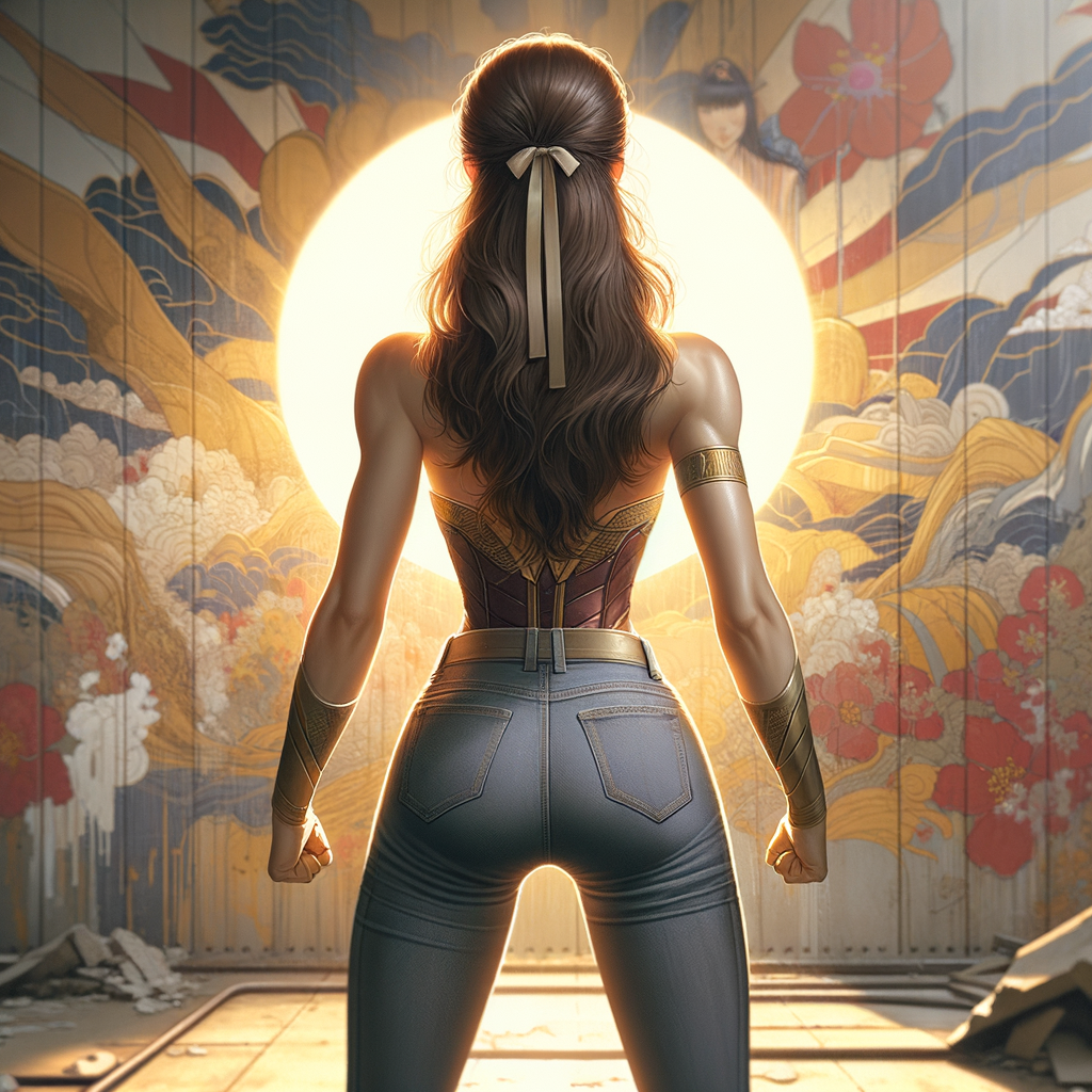 Athletic Thin skinny Attractive, Asian teenage girl, long brown hair and bangs, wearing tight skinny jeans and a halter top paint marks on her clothing, heroic pose Asian graffiti background, backside view