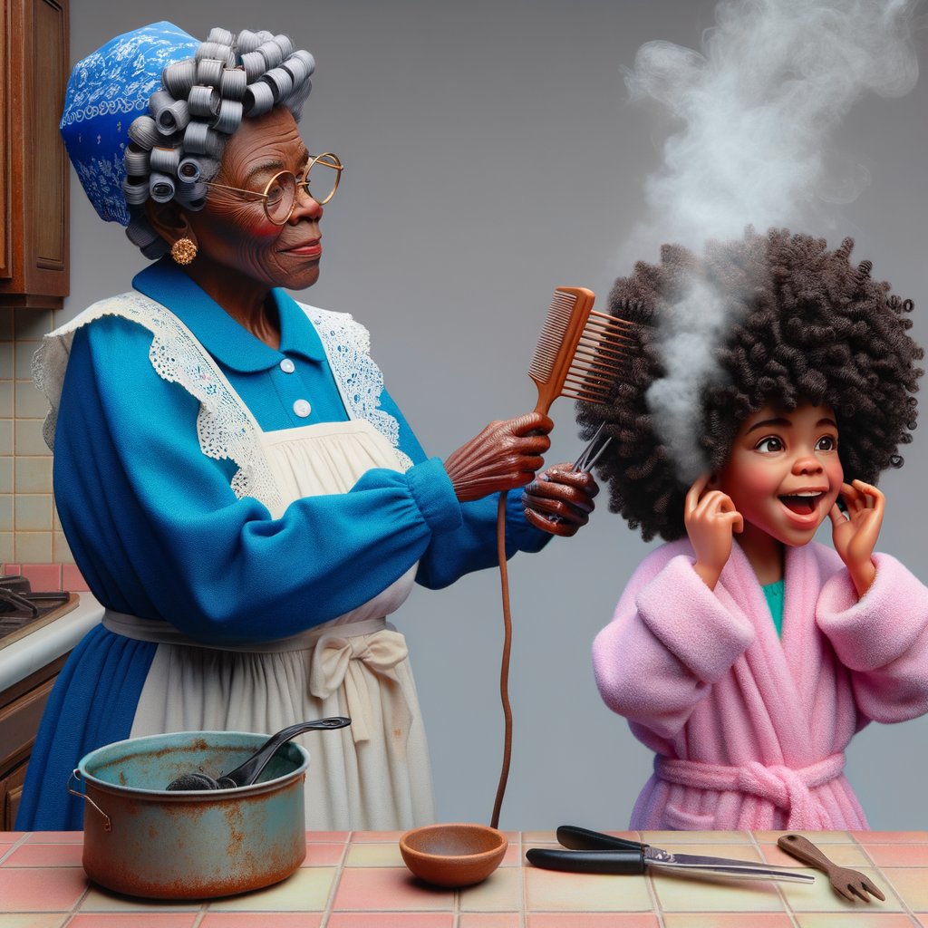 Create a realistic 3-D image of an african-American grandmother wearing a blue house dress and a white apron . She is in the kitchen with her african-American granddaughter. Her granddaughter is wearing a pink bath robe. The grandmother has a hot comb in her hand and she is straightening her granddaughters hair. One side of her granddaughters hair is in  a Afro the other straight 
There is smoke coming from the hot comb
The granddaughter is holding her ear and making a funny face