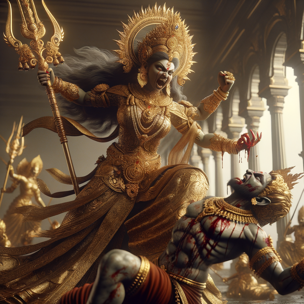 portrait of angry looking goddess durga slaying a weak mahishasur by carrying him in her two arms and stabbing him with her amazingly designed trident. She is wearing gold armor, a huge gold crown, gold saree, abundant  gold jewelry, covered in blood. The scene is set in ancient India. The image is 8K resolution, cinematic, ultra detailed face and epic.