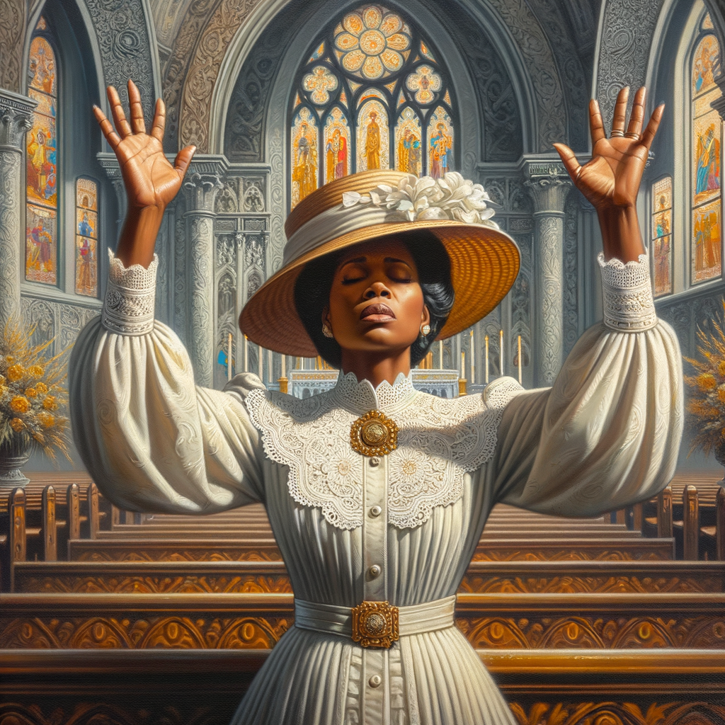 Render an airbrush oil painting of an African American woman with flawless makeup
kneeling at a church altar, her hands raised in a gesture of surrender to God. She's
dressed in stylish Sunday Best attire, with a particular focus on the delicate details of
her Church Hat. The background features a beautifully painted church interior, with the
oil paint texture enhancing the sacred atmosphere. The artwork should capture the
woman's devout expression, the elegance of her attire, and the spiritual ambiance of
the church setting, reflecting a moment of deep faith and devotion.