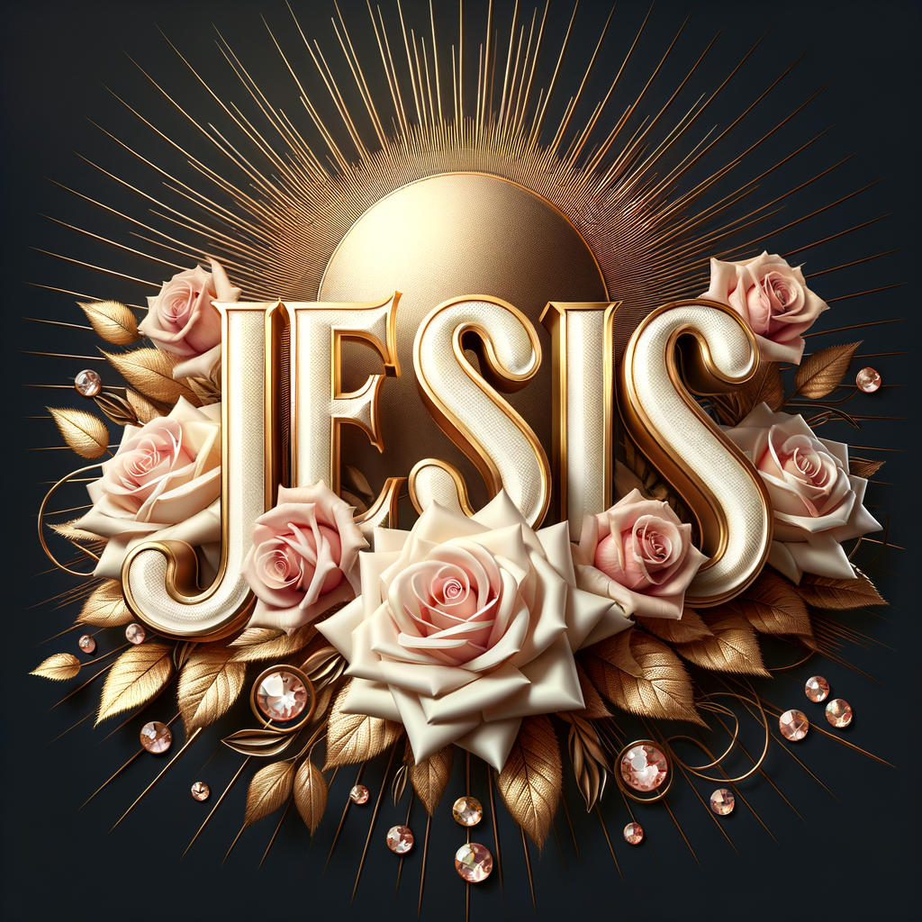 Create an elegant and celebratory image that radiates warmth and grace. At the forefront, craft the word "JESUS" in bold, 3D lettering with a luxurious mix of metallic sheen and white enamel, giving it a raised, tangible feel. Surround the text with a bouquet of beautifully rendered soft pink roses in full bloom, exuding a sense of peace and love. Include accents of gold leaf and small, radiant gemstones that gently scatter light. The backdrop should feature a radiant halo of golden rays emanating outward, enhancing the composition's divine atmosphere. The overall design should convey a sense of reverence and the beauty of faith, all harmoniously balanced and rich in texture.