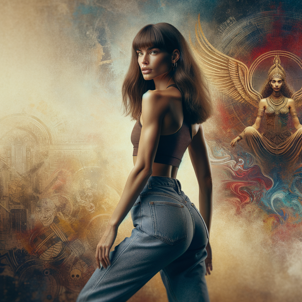 Athletic Thin skinny Attractive, Asian teenage girl, long brown hair and bangs, wearing tight skinny jeans and a halter top paint marks on her clothing, heroic pose Asian graffiti background,  backside view