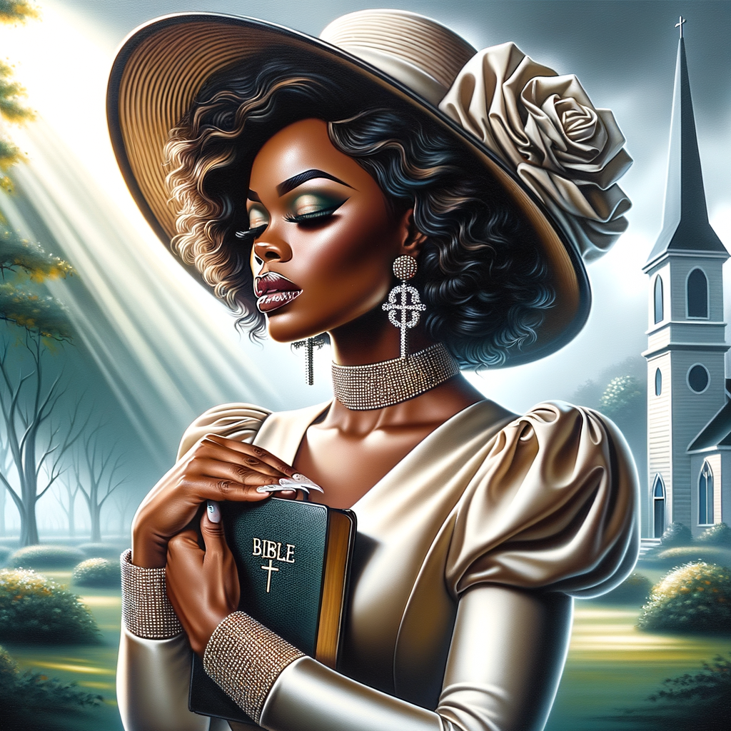 Render an airbrush oil painting of an African American woman with flawless makeup in a
contemplative pose, holding a Bible close to her heart, dressed in an elegant Sunday Best
outfit with a distinctive Church Hat. The background features a peaceful church garden,
with light filtering through the trees, highlighting her spiritual connection and the personal
moment of reflection. The artwork should capture the tranquility of the scene, the beauty
of her attire, and the depth of her contemplation, reflecting a serene and spiritually