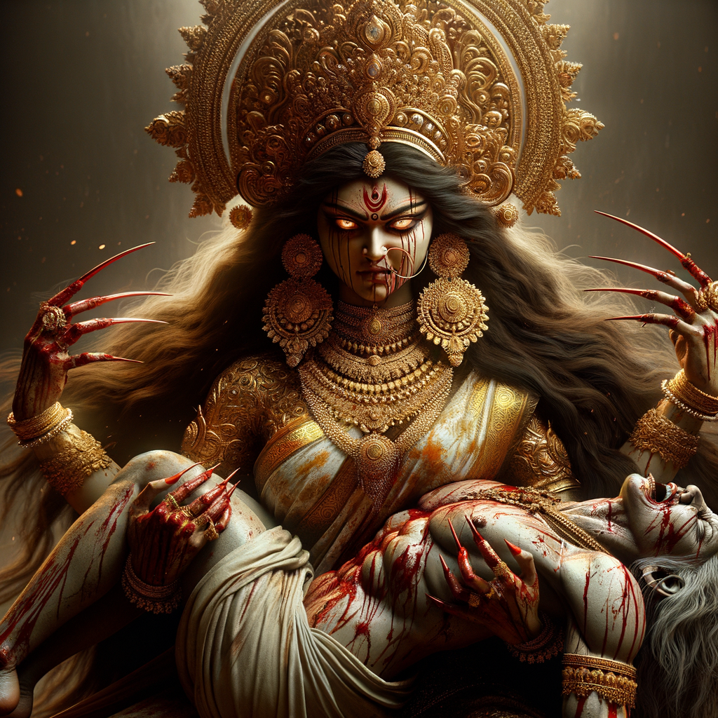 portrait of angry looking goddess durga  carrying a weak mahishasur in her arms and poking him with her amazingly long red fingernails. She is wearing a huge gold crown, white saree, abundant  gold jewelry, covered in blood. The scene is set in ancient India. The image is 8K resolution, cinematic, ultra detailed face and epic.