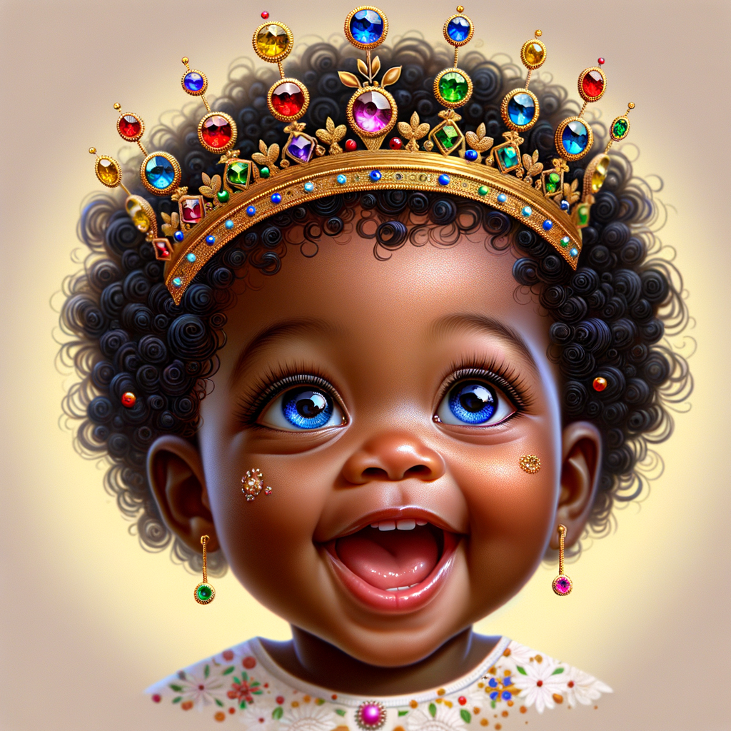 "Create a digital portrait of an adorable african-American baby girl with a joyful expression. She is wearing a gold crown with colorful jewels. Her big, bright blue eyes are wide with wonder, and her tiny mouth is shaped in a happy grin. Her skin has a warm, honey-brown tone, and she has an abundance of thick curly black hair, The background is soft and neutral to keep the focus on her delightful features. The portrait should be vibrant and heartwarming, celebrating the innocence and charm of childhood."