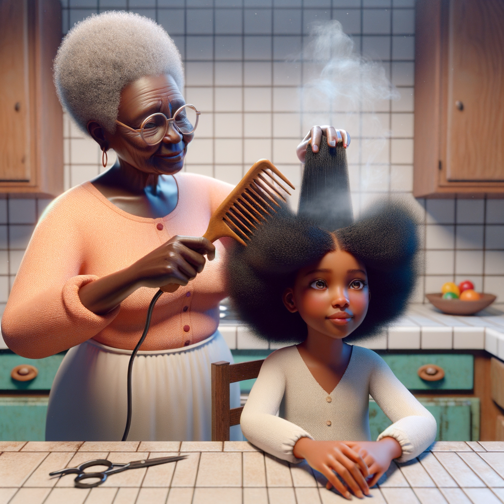 Create a realistic 3-D image of an african-American grandmother in the kitchen with her african-American granddaughter. The grandmother has a hot comb in her hair and she is straightening her granddaughters hair. One side of her granddaughters hair is in  a Afro the other is bone straight 
There is smoke coming from the hot comb