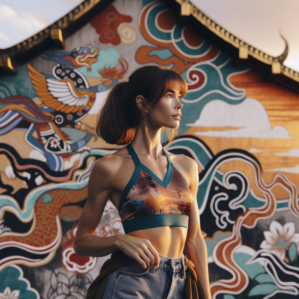 Athletic Thin skinny Attractive, Asian teenage girl, long brown hair and bangs, wearing tight skinny jeans and a halter top paint marks on her clothing, heroic pose Asian graffiti background, side view