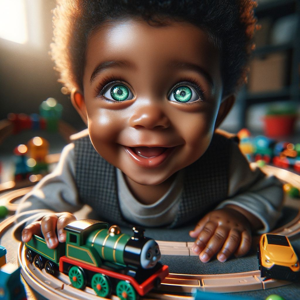 African-American baby boy with huge green eyes, playing with a train