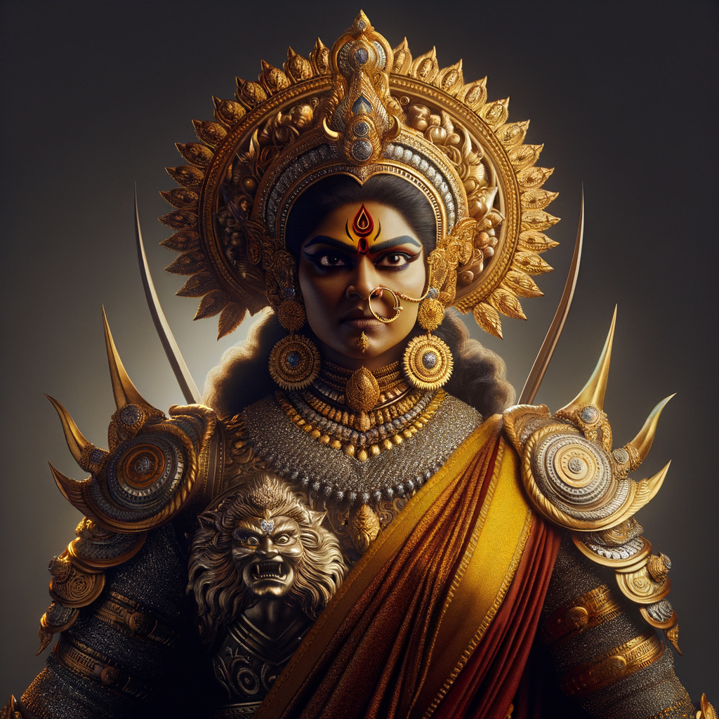 Waist up portrait of angry goddess durga with athletic body, big breasts, wearing gold jewelry all over body, huge gold crown, red saree, gold armor, ultra detailed face, UHD, 8K, photography