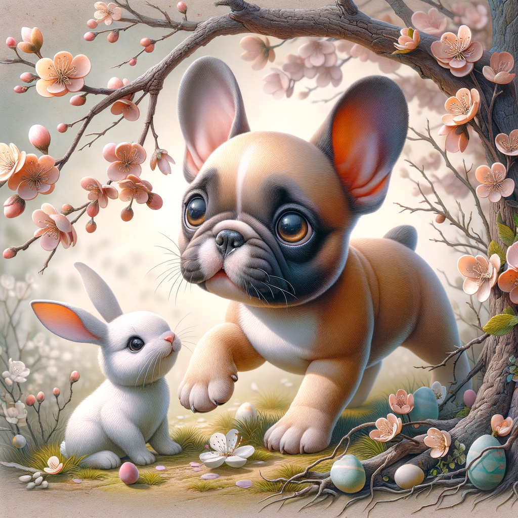 A whimsical, folksy art image of a mischievous little (colour) french bulldog with very big eyes playing under blossom tree branches, add white Easter rabbit, fantasy art, watercolour