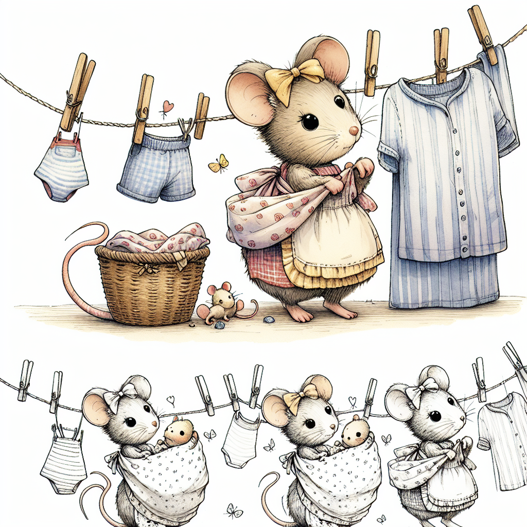 A picture of a cute mother mouse with big eyes, wearing an apron and a bow on top of her head, she is  hanging laundry on the clothing line wich has 2 mouse babies hanging from the line wrapped in a blanket and held by clothing pins on the line. The laundry line has a baby shirts. Full shot. watercolour illustration with pencil outline