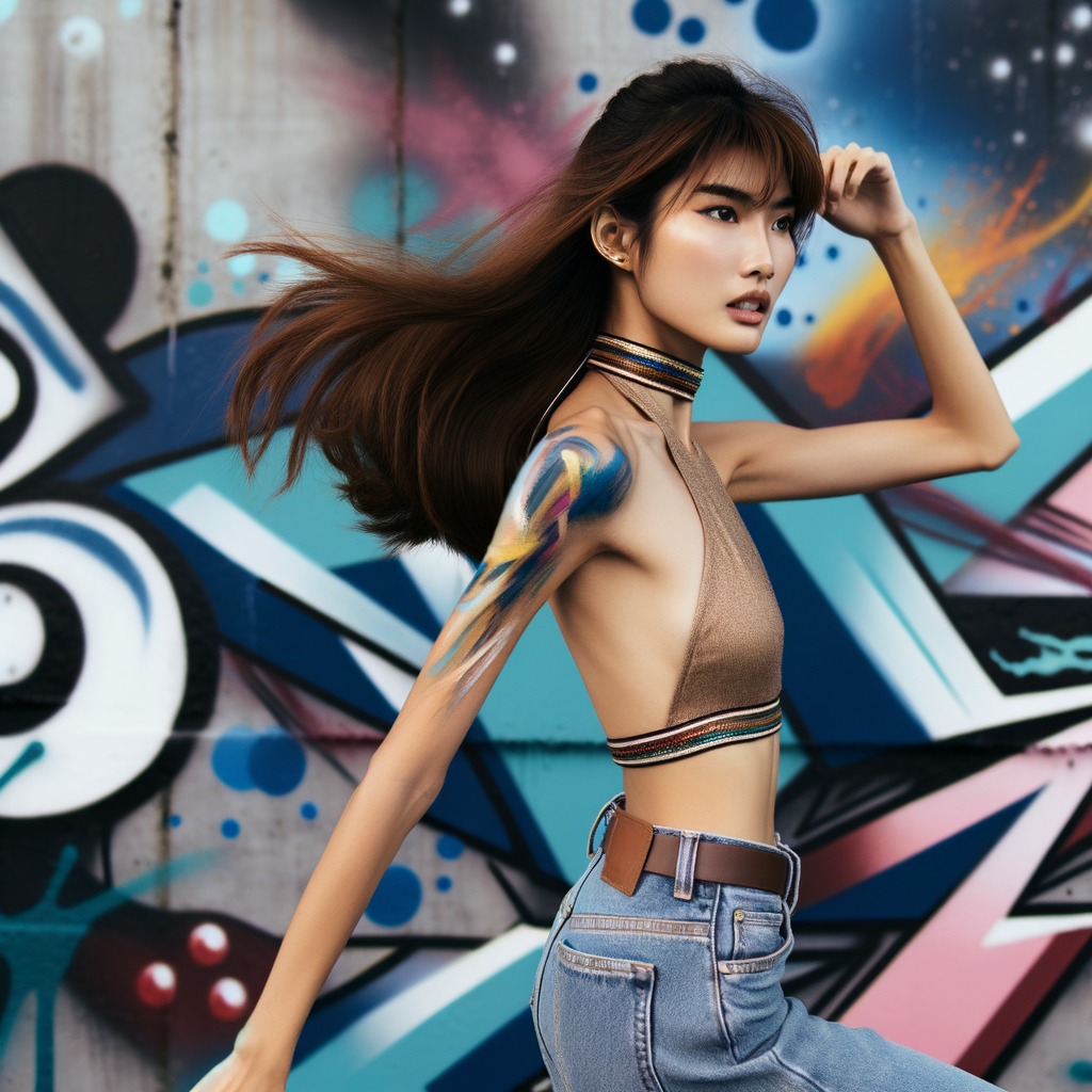 Very thin Athletic Thin skinny Attractive, Asian teenage girl, long brown hair and bangs, wearing tight skinny jeans and a halter top paint marks on her clothing, heroic sideways pose Asian graffiti background